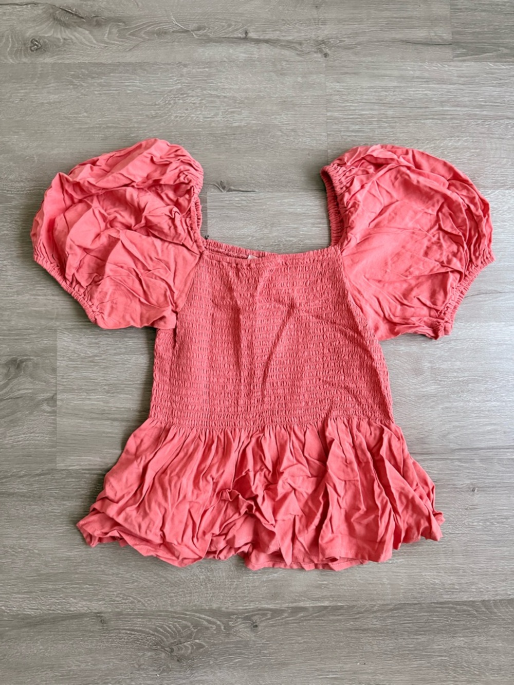 Dizzy Coral Pink Puff Sleeve Smocked Peplum Top